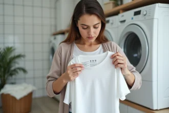Femme lisant les pictogrammes d'entretien sur une étiquette de vêtement dans une buanderie domestique