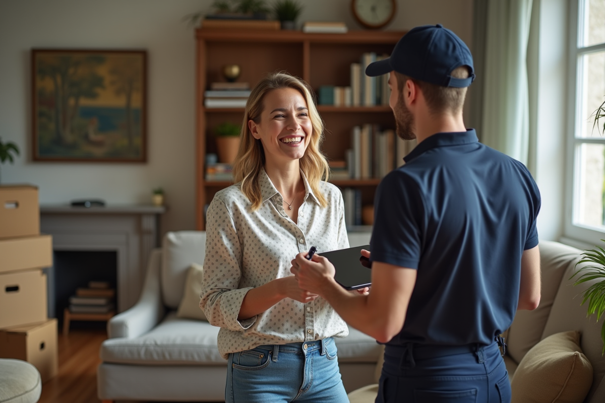 Une femme souriante signe une tablette lors d