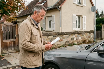 Locataire tenant un document devant une maison en location avec une voiture garée sur le trottoir bloquant le passage piéton