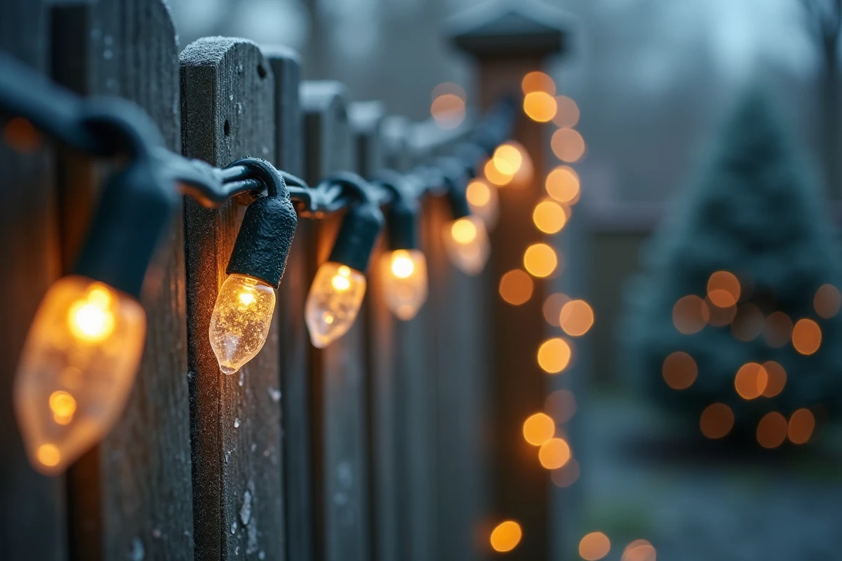 Gros plan sur des lumières de Noël extérieures étanches IP65 résistant au gel et à l'humidité