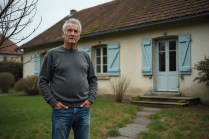 Homme d'âge moyen devant une maison ancienne en banlieue