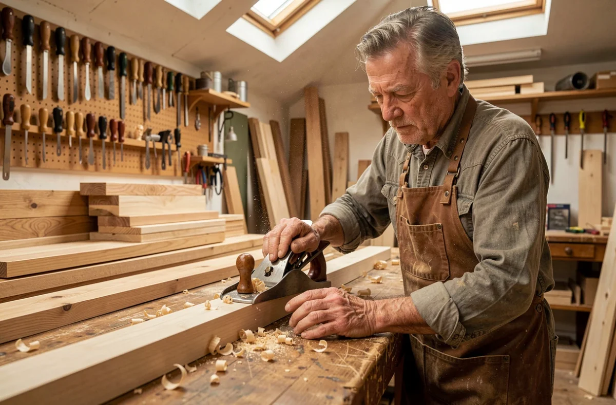 Menuisier de la Menuiserie Geppetto travaillant un cadre de fenêtre en bois dans son atelier artisanal des Yvelines