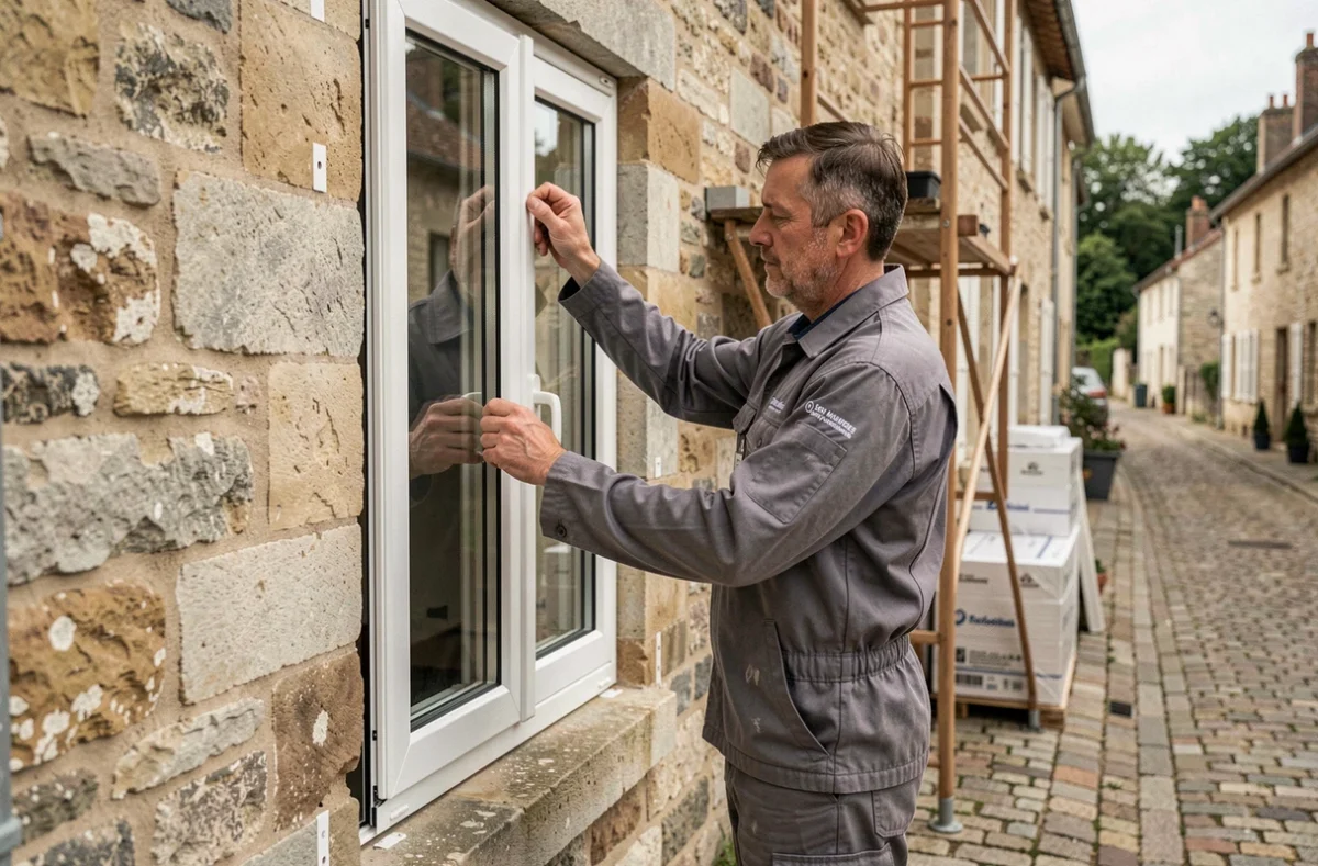 Technicien des Menuiseries Fontenaysiennes posant une fenêtre à double vitrage dans un bâtiment en pierre d'un village des Yvelines