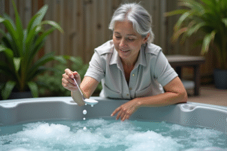 Femme mesurant du chlore dans un spa extérieur