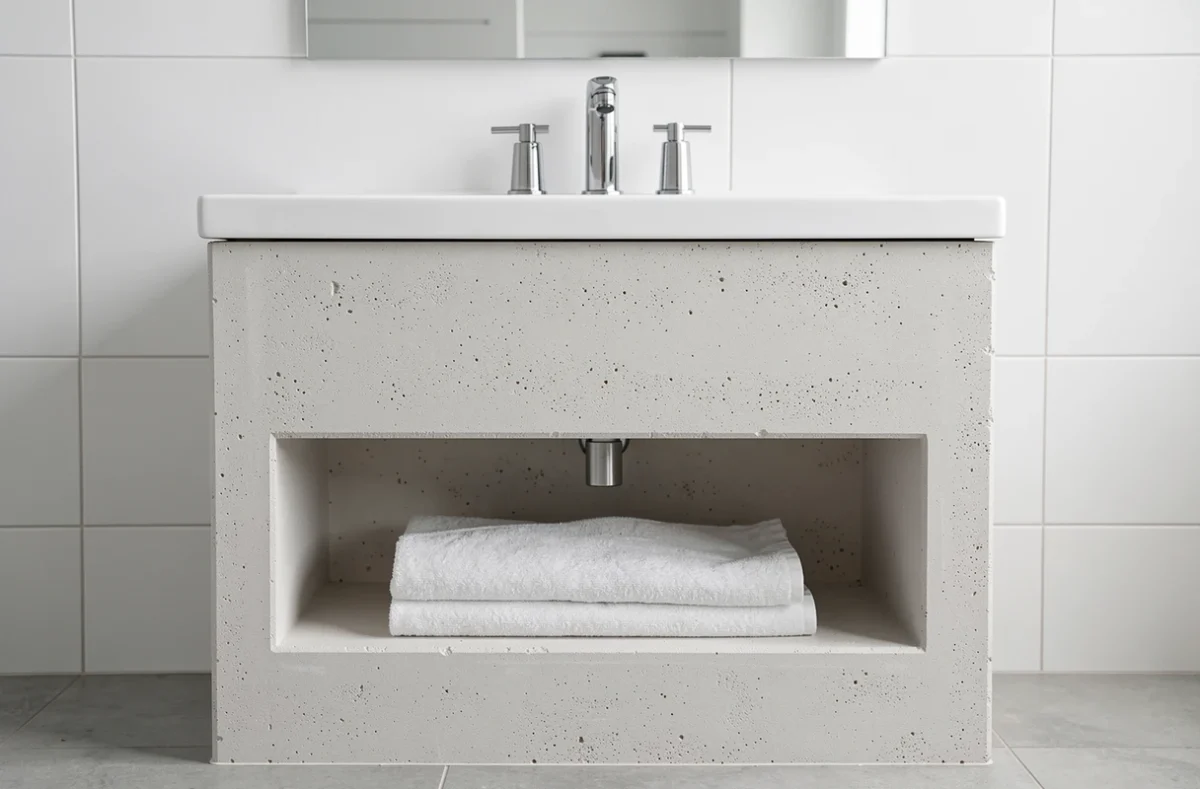 Meuble de salle de bain en béton cellulaire terminé avec vasque blanche et robinetterie chromée dans une salle de bain moderne