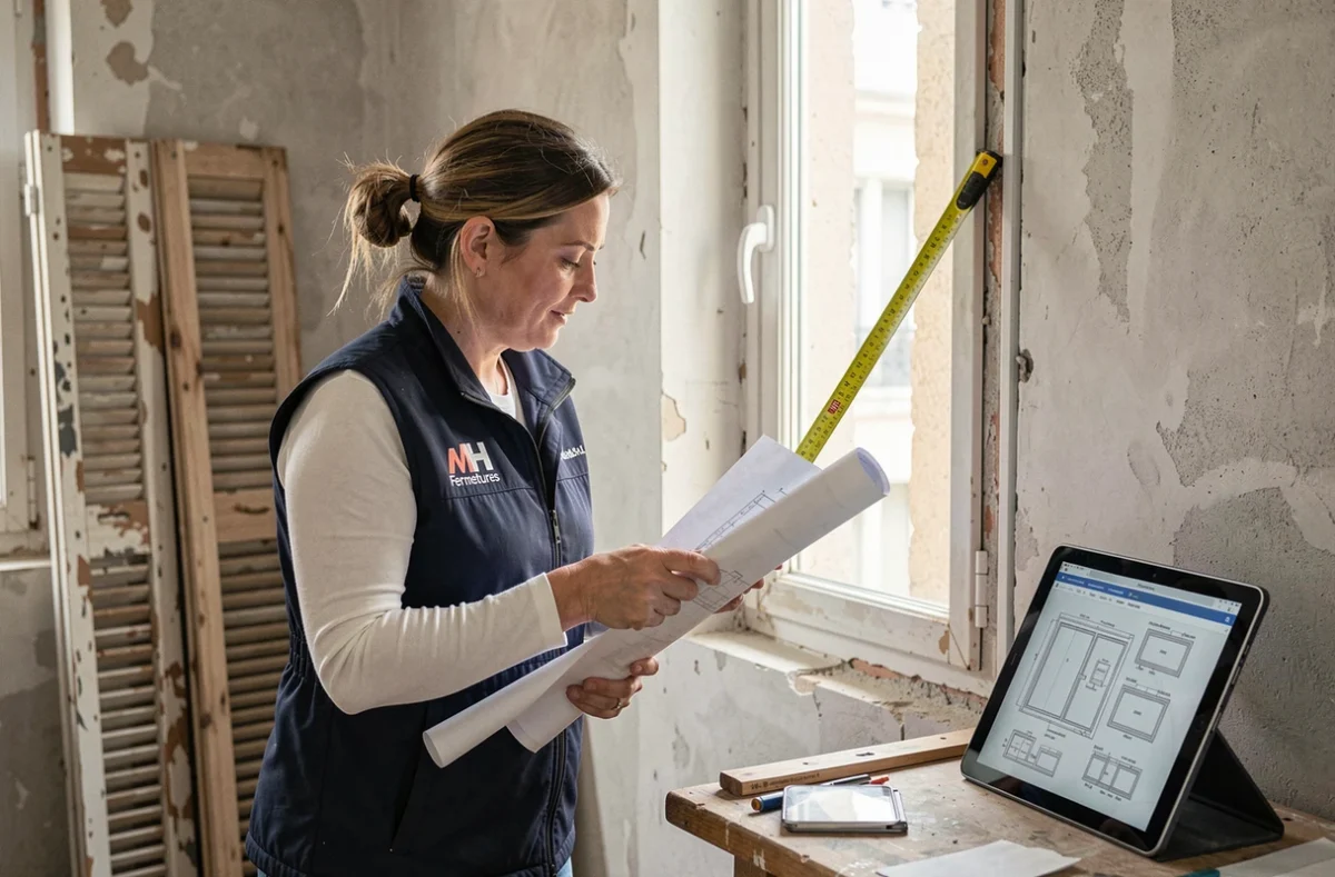 Spécialiste MH Fermetures mesurant une ouverture de fenêtre dans un appartement en rénovation des Yvelines