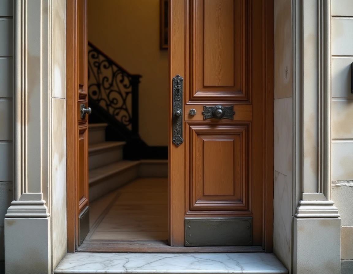 Porte ancienne d'immeuble haussmannien avec un nouveau pêne de serrure installé dans une entrée originale en fer forgé