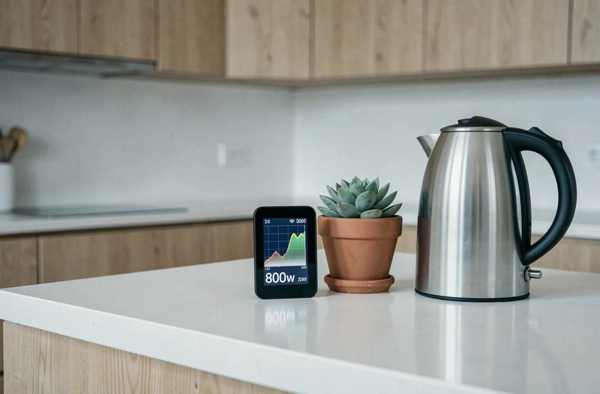 Moniteur de production solaire 800W posé sur un plan de travail de cuisine moderne affichant la puissance en temps réel