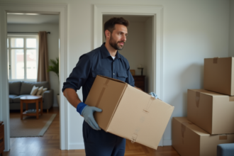 Monteur masculin en uniforme soulevant une box dans un salon moderne