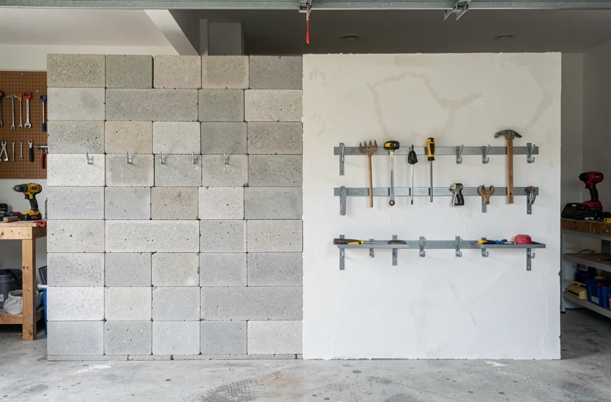 Comparaison avant après d'un mur de garage en béton cellulaire brut et enduit à la chaux avec rangements