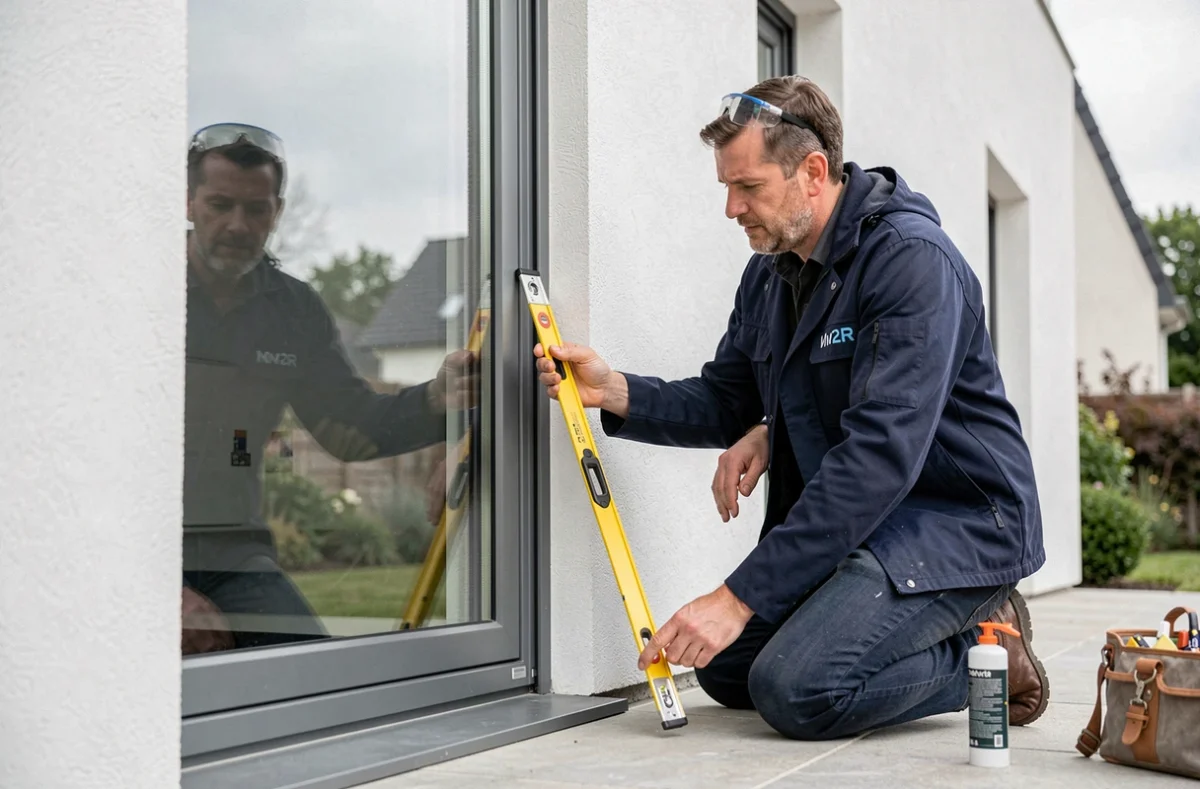 Spécialiste Mv2R vérifiant l'alignement d'une fenêtre coulissante aluminium sur une maison contemporaine des Yvelines