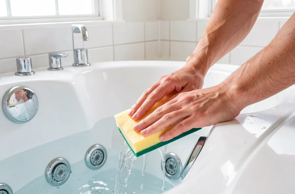 Nettoyage des buses d'une baignoire balnéo à la main