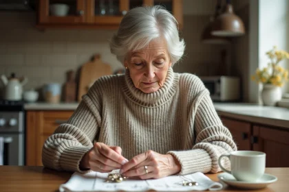 Femme nettoyant un collier en argent dans la cuisine