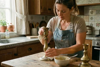 Femme qui nettoie et fait briller un bougeoir en laiton très sale avec un chiffon et une pâte nettoyante sur une table en bois