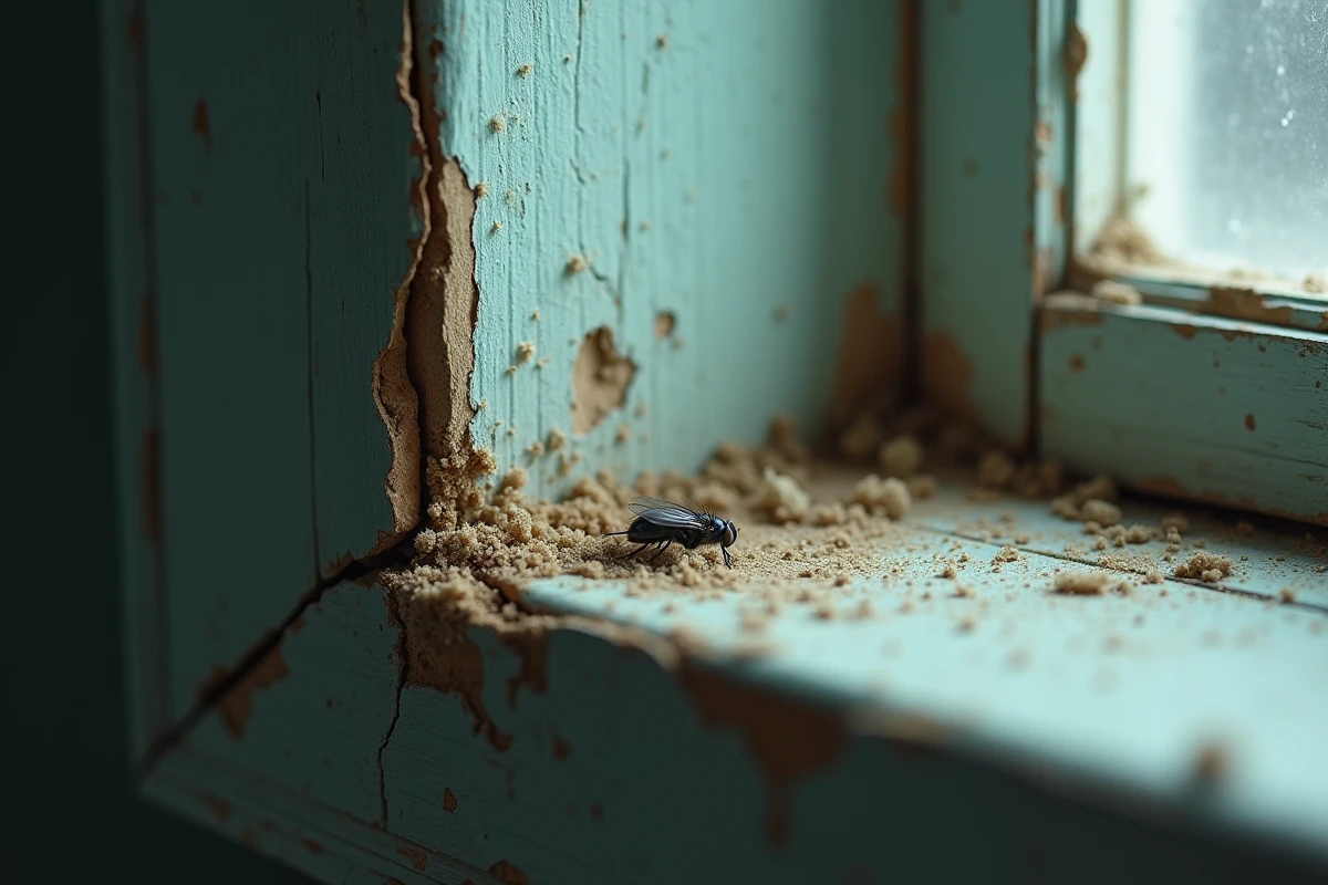 Rebord de fenêtre fissurée d'une maison ancienne avec des œufs de mouches visibles dans les interstices, révélant les endroits discrets où pondent les mouches à l'intérieur