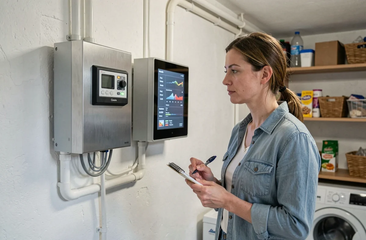 Femme consultant le tableau de bord d'un onduleur solaire dans une salle technique domestique