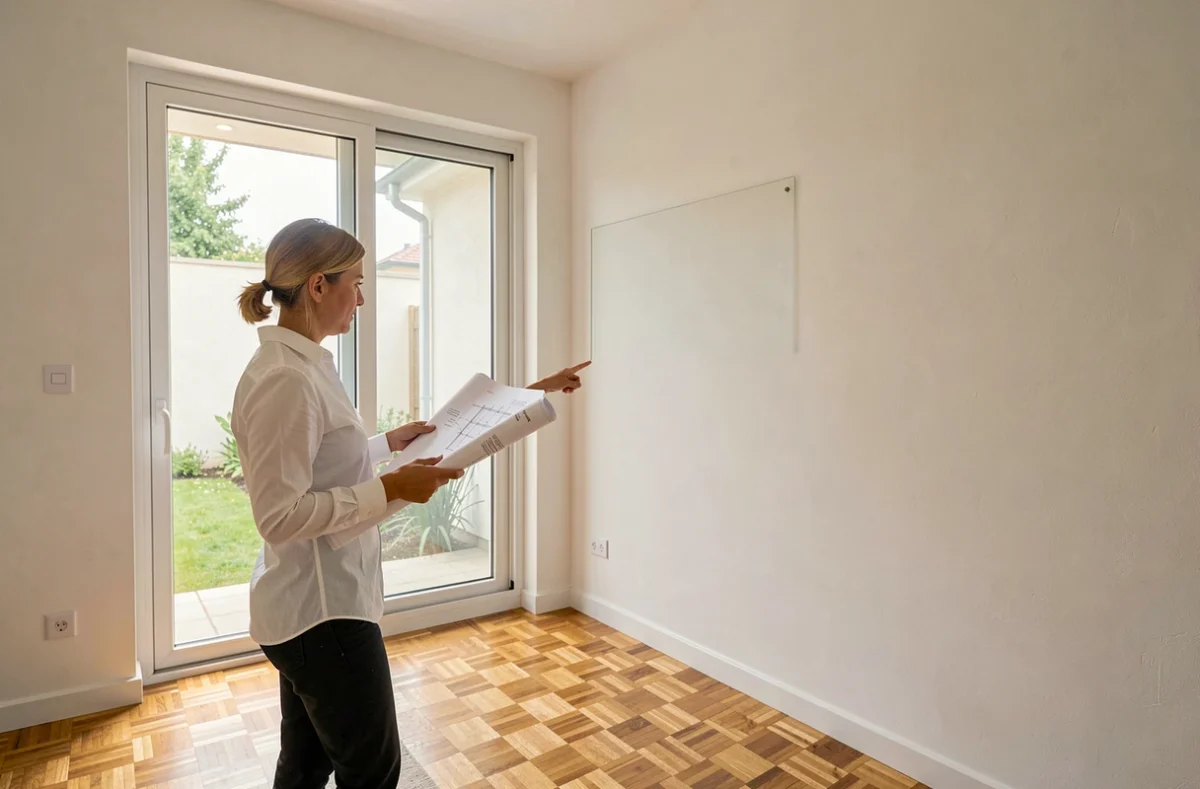 Architecte indiquant une surface murale non vitrée représentant une optimisation manquée de la baie vitrée coulissante
