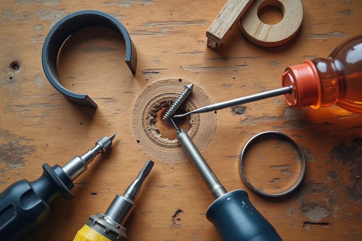 Vue aérienne d'outils pour retirer une vis foirée : extracteur, tournevis, élastique et huile pénétrante
