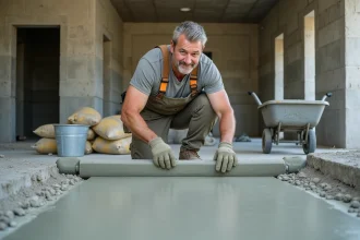 Ouvrier du bâtiment qui étale une chape mortier sur un plancher en béton brut avec une règle en aluminium
