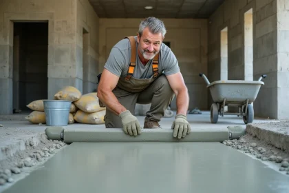 Ouvrier du bâtiment qui étale une chape mortier sur un plancher en béton brut avec une règle en aluminium