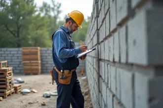 Ouvrier en tenue de chantier mesurant un mur en parpaings