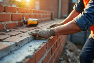 Ouvrier posant une bande d'étanchéité sur mur en briques
