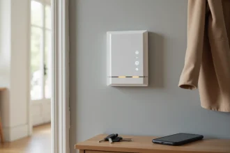 Panneau d'alarme Verisure installé près d'une porte d'entrée dans un couloir moderne, interface tactile visible sur fond de mur gris clair