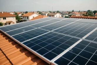 Panneau solaire 800W installé sur un toit de maison résidentielle avec tuiles en terre cuite et ciel dégagé