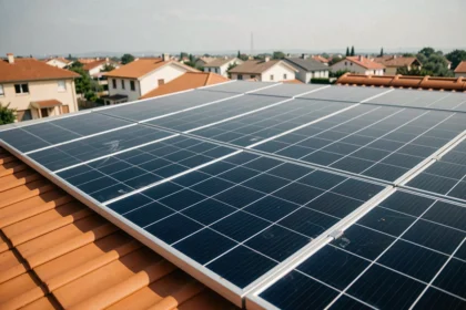 Panneau solaire 800W installé sur un toit de maison résidentielle avec tuiles en terre cuite et ciel dégagé