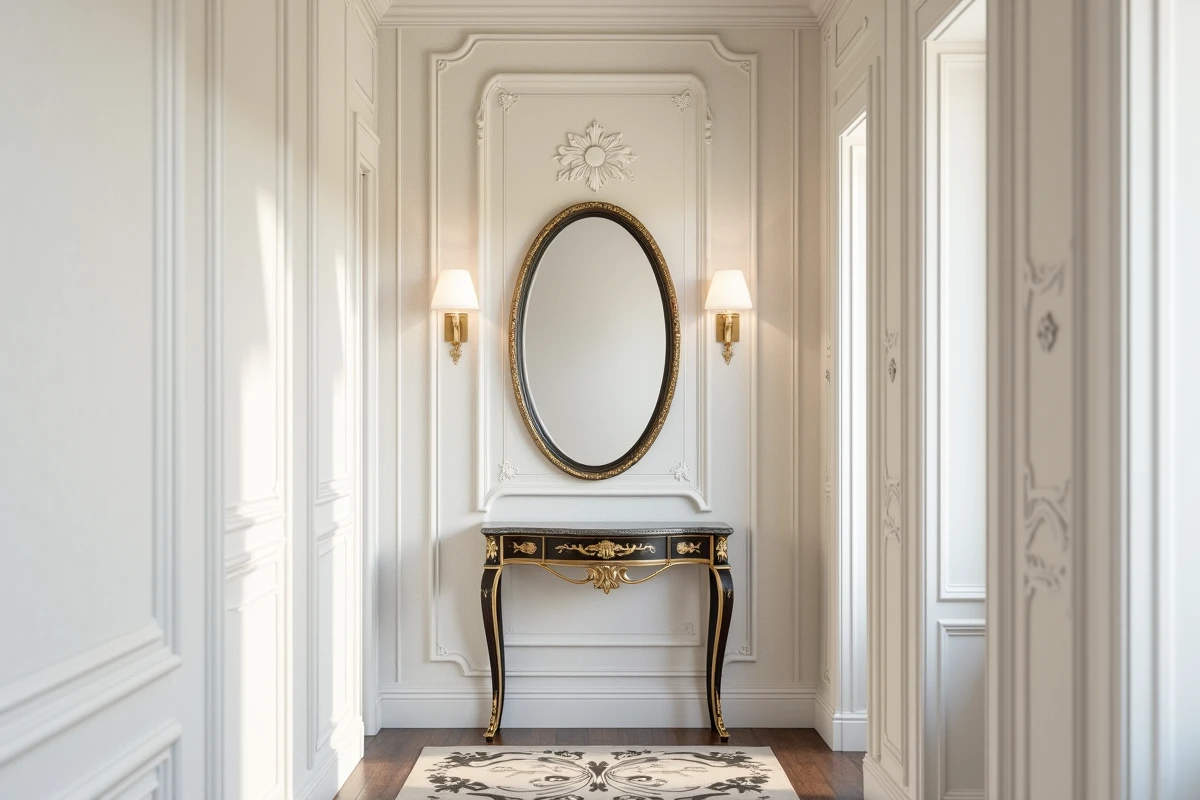 Couloir d'appartement haussmannien avec papier peint blanc texturé à motif floral en relief, console ancienne en laiton et miroir biseauté