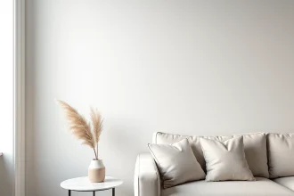 Mur en papier peint blanc texturé avec motif géométrique en relief dans un salon minimaliste parisien avec canapé en lin et table en marbre