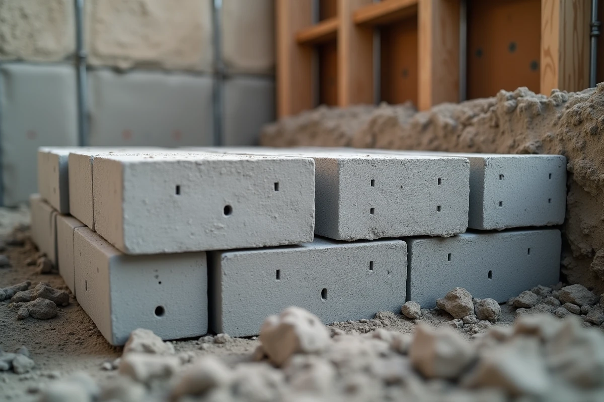 Gros plan sur des parpaings creux en béton montés en sous-sol avec joints de mortier visibles