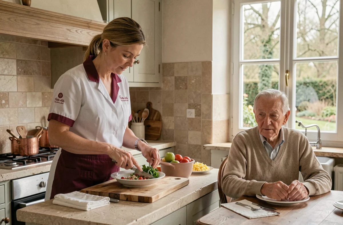 Auxiliaire Petits-fils Rambouillet préparant un repas pour un senior dans une cuisine traditionnelle