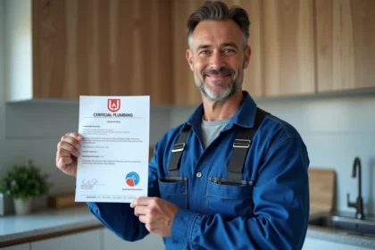 Plombier homme avec certificat dans une cuisine moderne