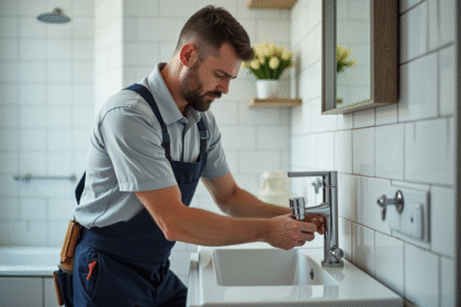 Plombier homme en action dans une salle de bain moderne