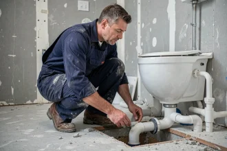 Plombier inspectant les tuyaux d'évacuation PVC sous un WC lors d'une rénovation de salle de bain