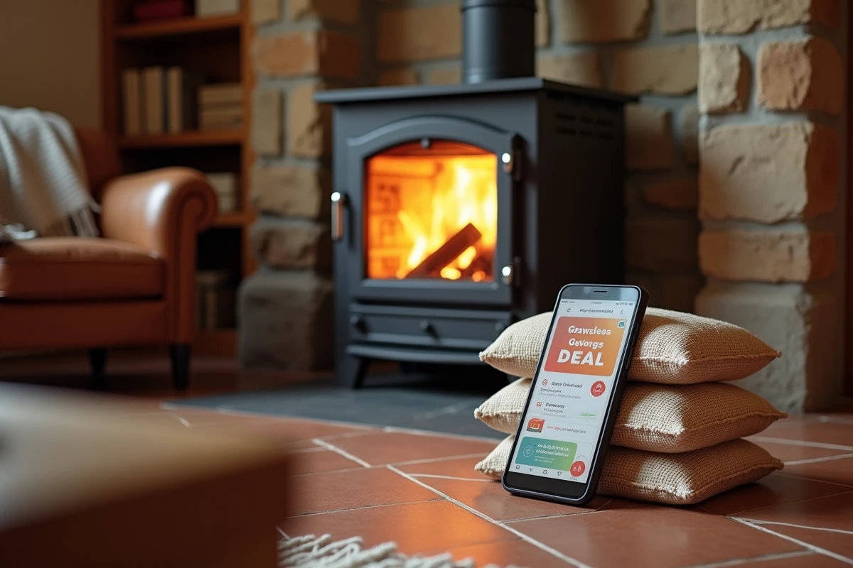 Poêle à granulés avec sacs de pellets et smartphone affichant une promo Leclerc dans un salon chaleureux