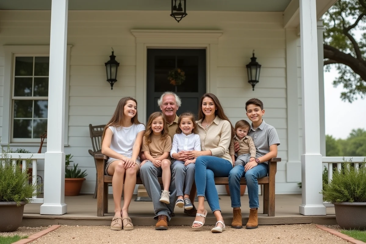 Portrait de famille multigénérationnel sur le porche d'une ferme blanche au Texas, couple et enfants adultes en tenues décontractées dans un décor rustique authentique