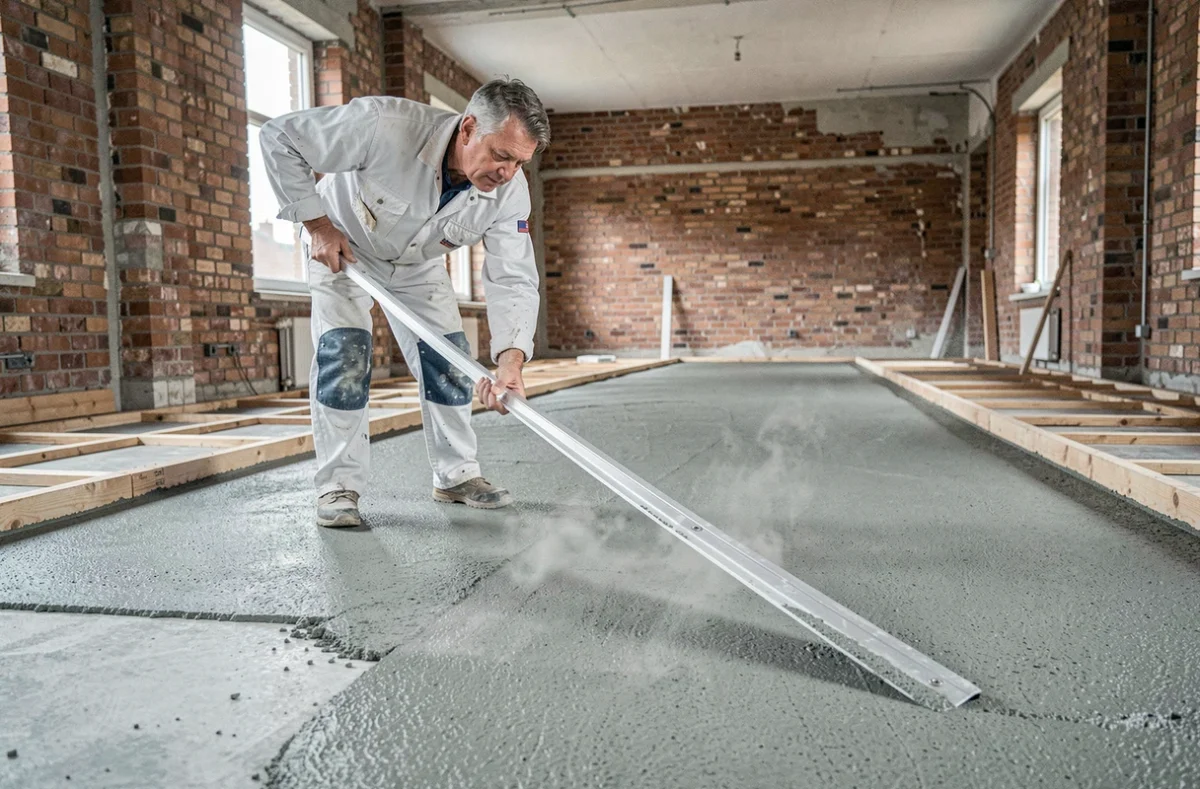 Pose d'une chape fluide sur une dalle béton dans un appartement en rénovation