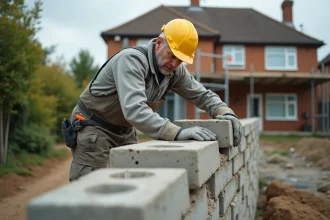 Ouvrier posant des parpaings sur le mur d'une extension de maison en construction