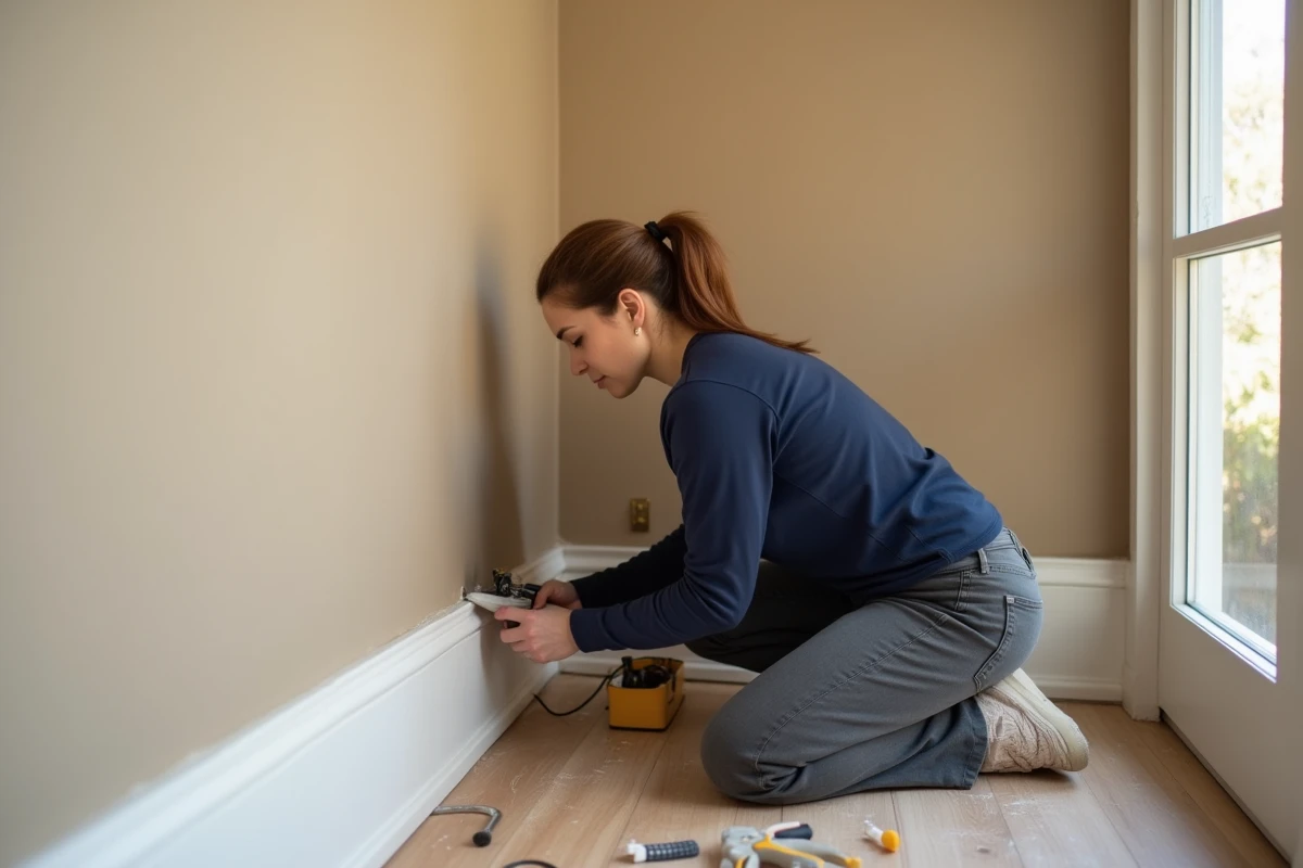 Femme appliquant du mastic flexible sur une plinthe posée contre un mur non droit lors d'une rénovation intérieure