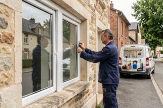 Poseur de fenêtres professionnel mesurant un cadre de fenêtre sur une maison en pierre dans les Yvelines