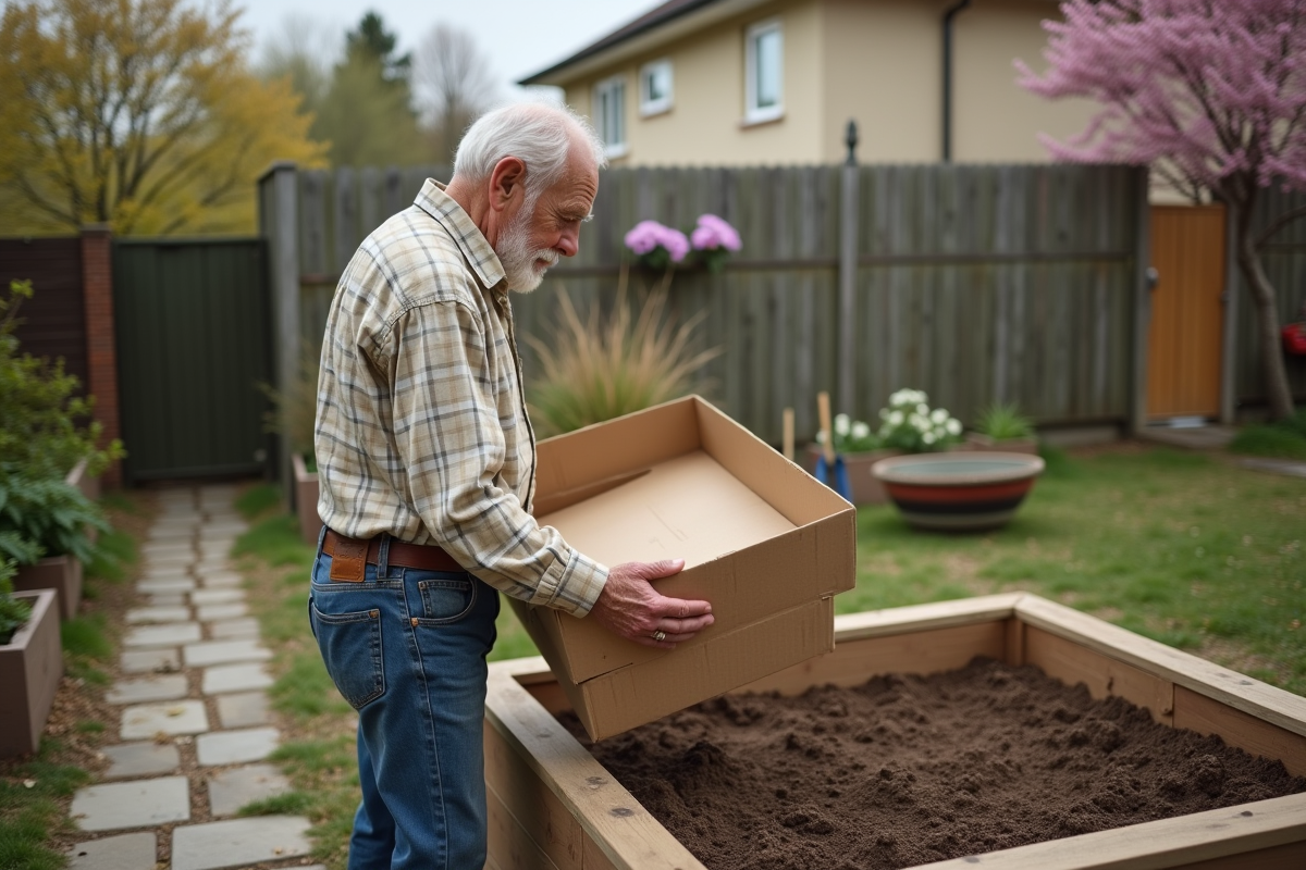 Homme âgé préparant un lit de jardin urbain