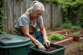 Femme jardinière inspectant un bac à compost pour prévenir l'apparition de vers blancs dans le sol