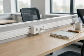 Prise électrique encastrée dans une goulotte de bureau en open space avec câbles connectés et poste de travail moderne