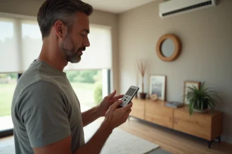 Homme programmant une télécommande Somfy en appuyant sur le bouton de paramétrage avec un stylo dans un salon moderne