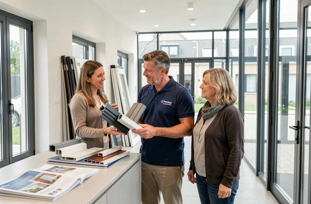 Conseiller Promex Fenetres présentant des profils aluminium à un couple dans un showroom des Yvelines