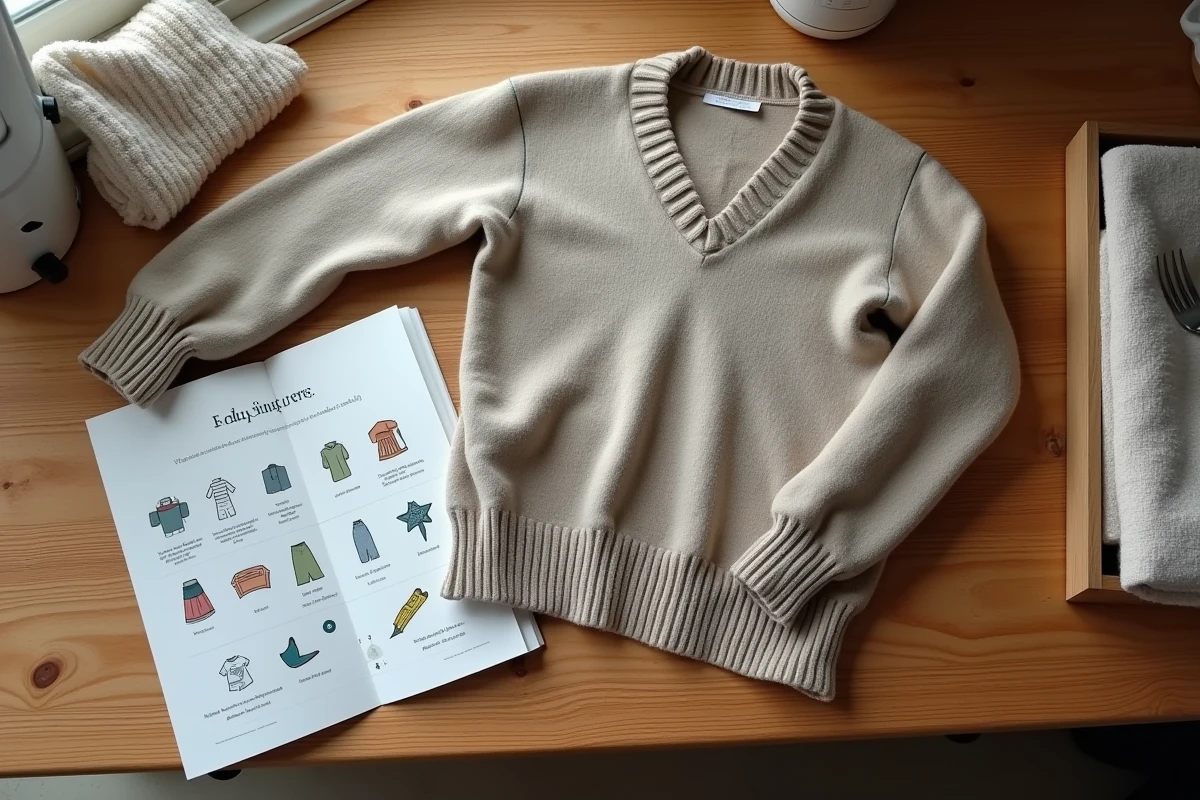 Pull en laine rétréci et déformé après un mauvais lavage, posé à côté d'un guide des symboles de séchage