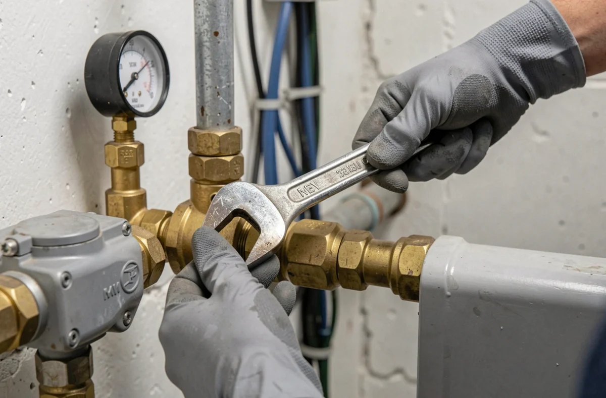 Gros plan sur le raccordement hydraulique d'une pompe à chaleur par un professionnel en chauffage