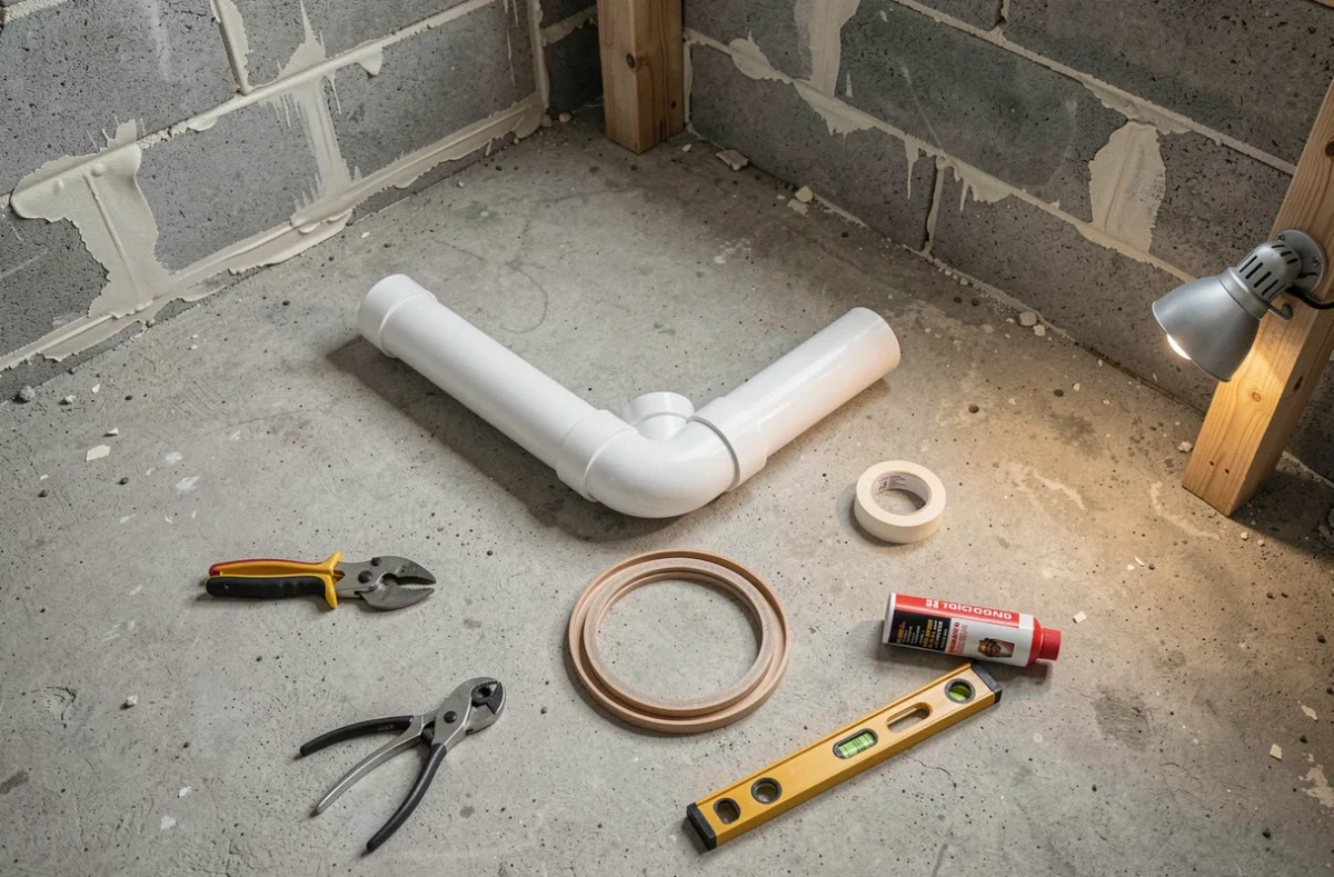 Détail des raccords PVC et outils de plomberie pour l'évacuation des toilettes en rénovation